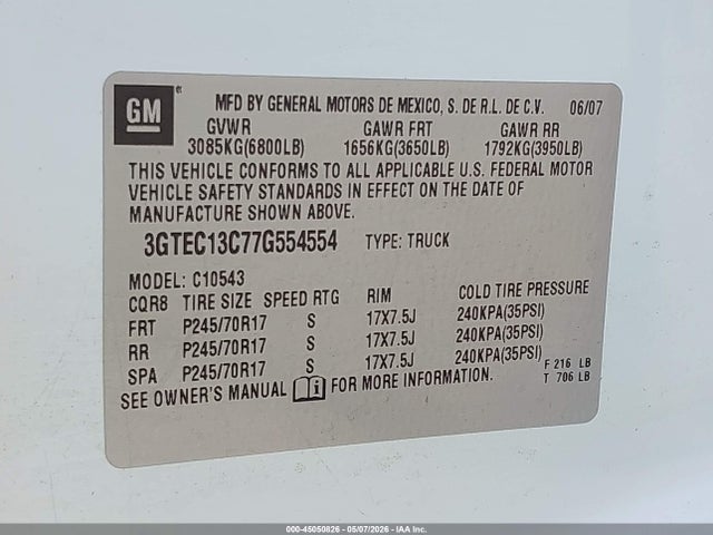 Aukcja sprzedaży 2007 Gmc Sierra 1500 Sl, vin: 3GTEC13C77G554554, numer aukcji: 45050826