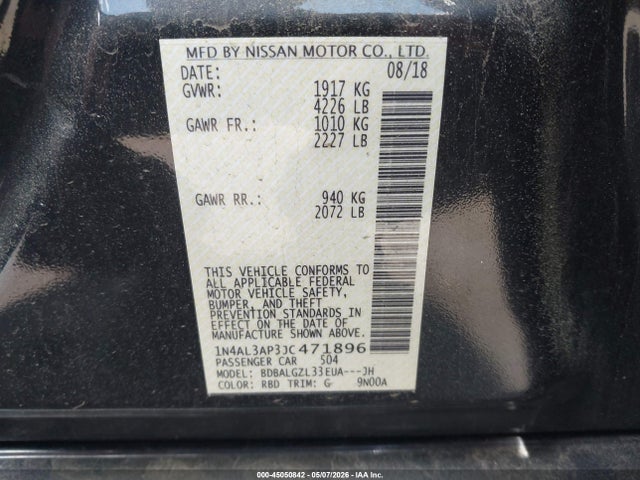 Продаж на аукціоні авто 2018 Nissan Altima 2.5 S, vin: 1N4AL3AP3JC471896, номер лоту: 45050842