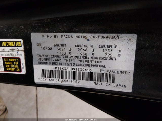 Aukcja sprzedaży 2009 Mazda Mazda3 I, vin: JM1BK32F091239416, numer aukcji: 45050843
