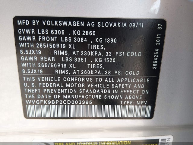 Продаж на аукціоні авто 2012 Volkswagen Touareg Tdi Lux, vin: WVGFK9BP2CD003395, номер лоту: 45050848