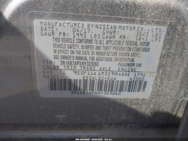 Продажа на аукционе авто 2017 Nissan Sentra Sv, vin: 3N1AB7APXHY323060, номер лота: 45050869