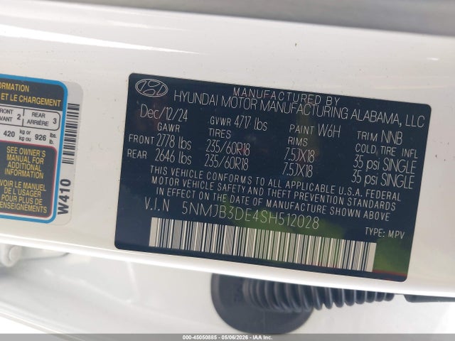 45050885 :رقم المزاد ، 5NMJB3DE4SH512028 vin ، 2025 Hyundai Tucson Sel مزاد بيع