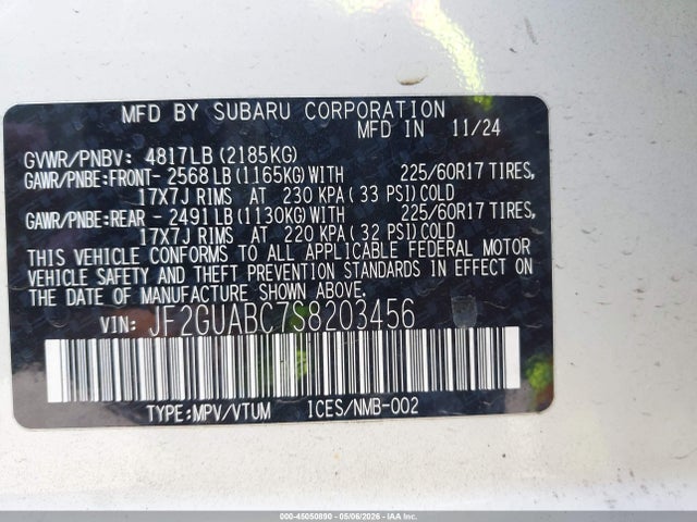 2025 Subaru Crosstrek მანქანა იყიდება აუქციონზე, vin: JF2GUABC7S8203456, აუქციონის ნომერი: 45050890