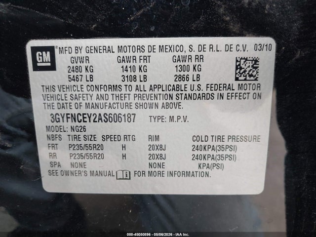 45050896 :رقم المزاد ، 3GYFNCEY2AS606187 vin ، 2010 Cadillac Srx Premium Collection مزاد بيع