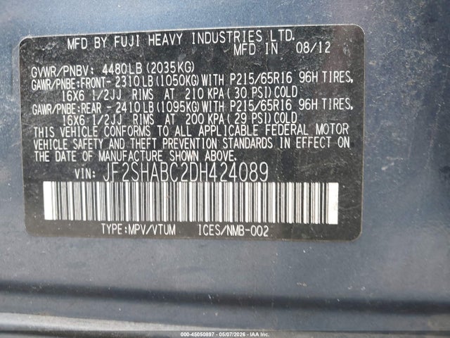 Aukcja sprzedaży 2013 Subaru Forester 2.5x, vin: JF2SHABC2DH424089, numer aukcji: 45050897