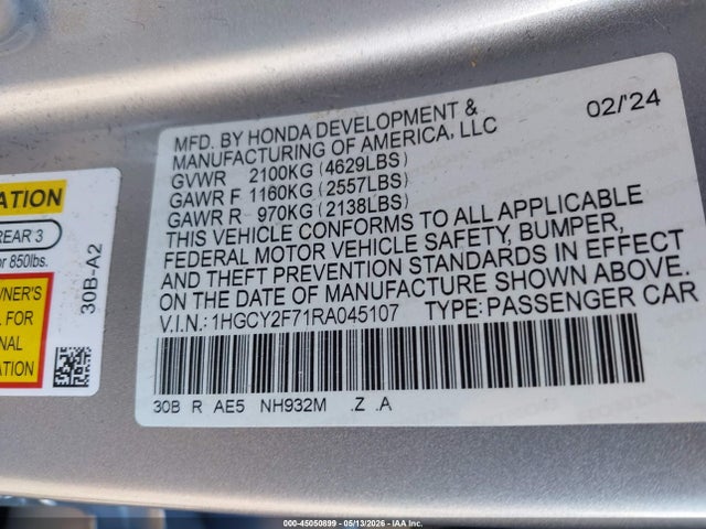 Aukcja sprzedaży 2024 Honda Accord Hybrid Sport-l, vin: 1HGCY2F71RA045107, numer aukcji: 45050899