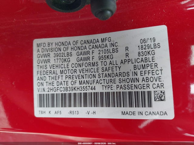 Honda CIVIC EX 2019 2HGFC3B39KH355744 Image 9