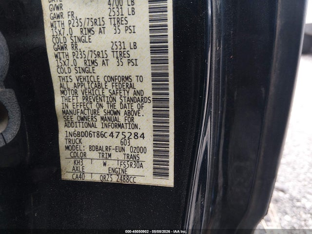 45050902 :رقم المزاد ، 1N6BD06T86C475284 vin ، 2006 Nissan Frontier Xe مزاد بيع