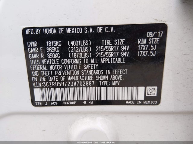 Aukcja sprzedaży 2018 Honda Hr-v Ex-l, vin: 3CZRU5H72JM702887, numer aukcji: 45050906
