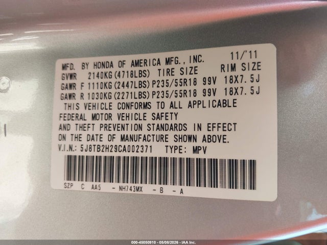 45050910 :رقم المزاد ، 5J8TB2H29CA002371 vin ، 2012 Acura Rdx مزاد بيع