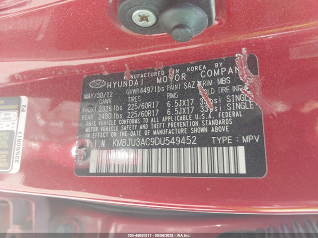 Aukcja sprzedaży 2013 Hyundai Tucson Gls, vin: KM8JU3AC9DU549452, numer aukcji: 45050917