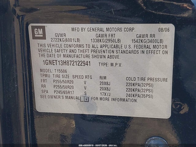 2007 Chevrolet Trailblazer Ss მანქანა იყიდება აუქციონზე, vin: 1GNET13H872122941, აუქციონის ნომერი: 45050919