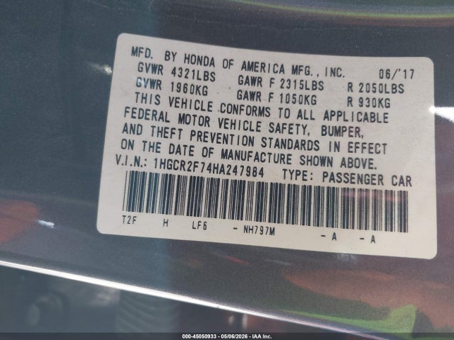 45050933 :رقم المزاد ، 1HGCR2F74HA247984 vin ، 2017 Honda Accord Ex مزاد بيع