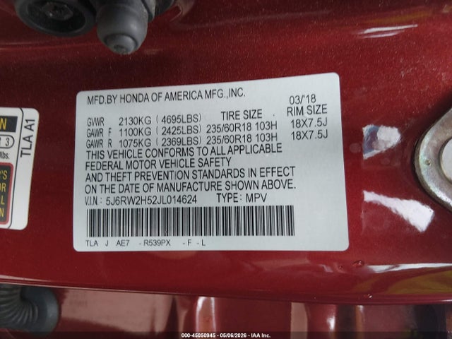 Aukcja sprzedaży 2018 Honda Cr-v Ex, vin: 5J6RW2H52JL014624, numer aukcji: 45050945