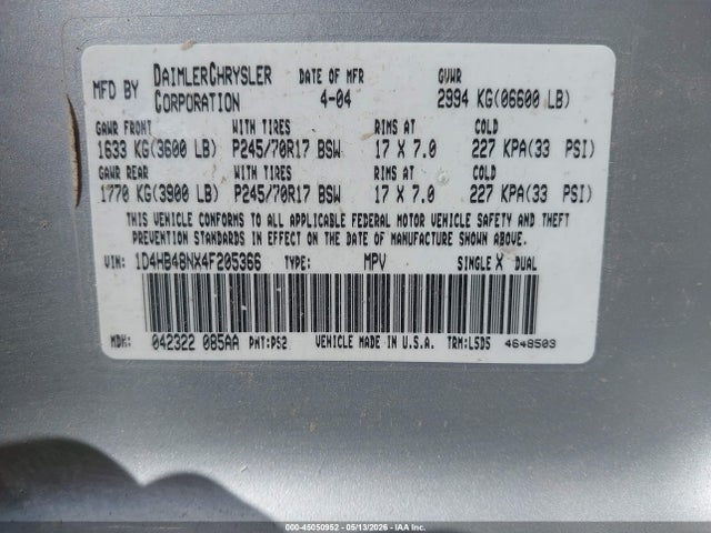 2004 Dodge Durango Slt მანქანა იყიდება აუქციონზე, vin: 1D4HB48NX4F205366, აუქციონის ნომერი: 45050952