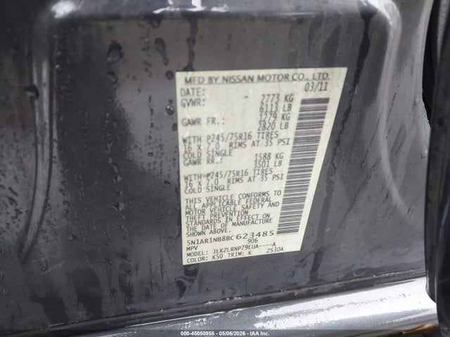 2011 Nissan Pathfinder S მანქანა იყიდება აუქციონზე, vin: 5N1AR1NB8BC623485, აუქციონის ნომერი: 45050955