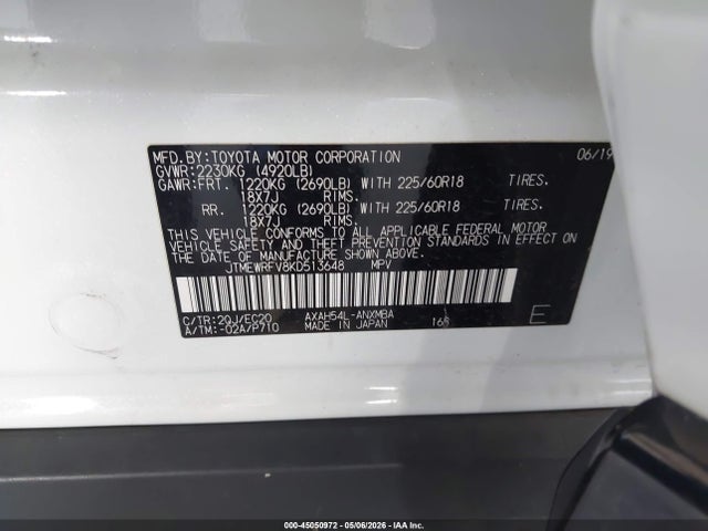 2019 Toyota Rav4 Hybrid Xse მანქანა იყიდება აუქციონზე, vin: JTMEWRFV8KD513648, აუქციონის ნომერი: 45050972