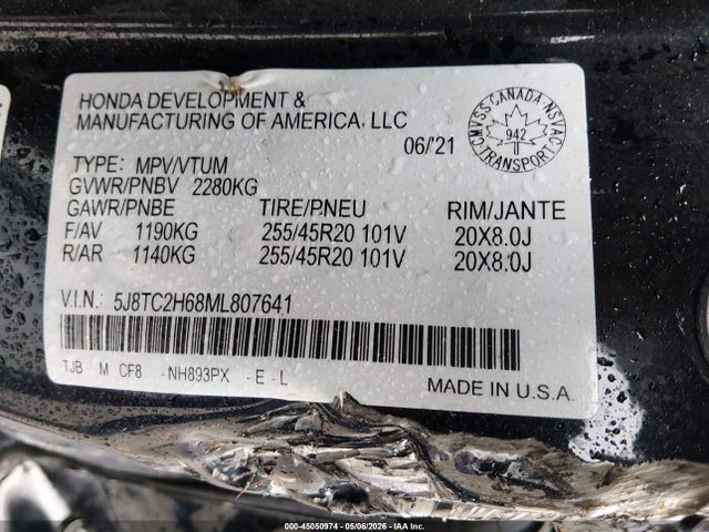 45050974 :رقم المزاد ، 5J8TC2H68ML807641 vin ، 2021 Acura Rdx A-spec Package مزاد بيع