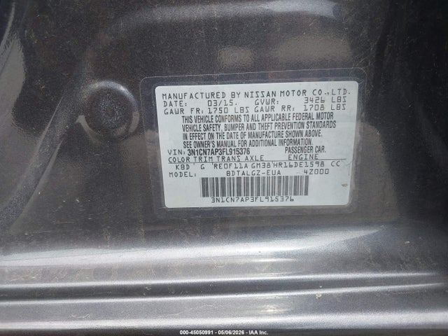 2015 Nissan Versa 1.6 Sl მანქანა იყიდება აუქციონზე, vin: 3N1CN7AP3FL915376, აუქციონის ნომერი: 45050991