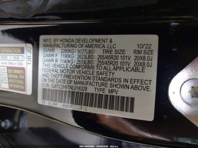 45050996 :رقم المزاد ، 5J8TC2H61NL018328 vin ، 2022 Acura Rdx A-spec Package مزاد بيع
