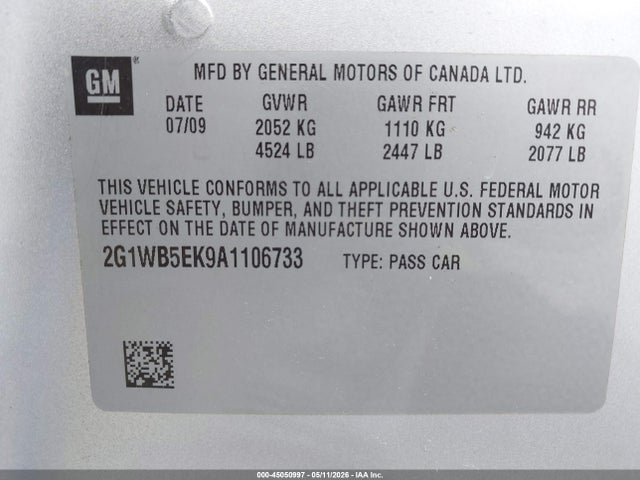 45050997 :رقم المزاد ، 2G1WB5EK9A1106733 vin ، 2010 Chevrolet Impala Lt مزاد بيع