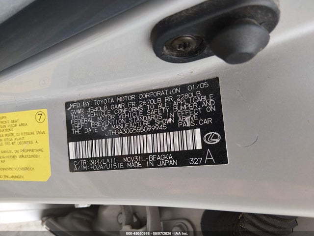 Aukcja sprzedaży 2005 Lexus Es 330, vin: JTHBA30G555099945, numer aukcji: 45050998