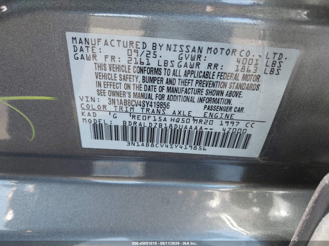 2025 Nissan Sentra Sv მანქანა იყიდება აუქციონზე, vin: 3N1AB8CV4SY419856, აუქციონის ნომერი: 45051010
