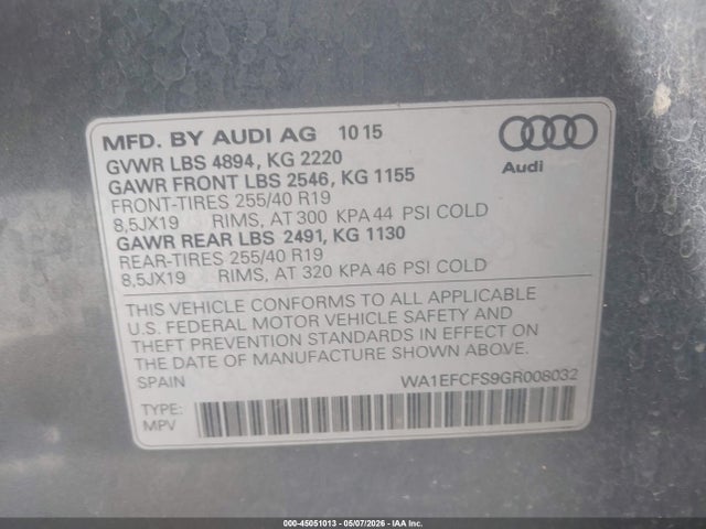 45051013 :رقم المزاد ، WA1EFCFS9GR008032 vin ، 2016 Audi Q3 2.0t Premium Plus مزاد بيع