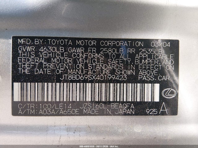 Продажа на аукционе авто 2004 Lexus Gs 300, vin: JT8BD69SX40199423, номер лота: 45051030