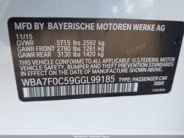 2016 Bmw 750i მანქანა იყიდება აუქციონზე, vin: WBA7F0C59GGL99185, აუქციონის ნომერი: 45051031