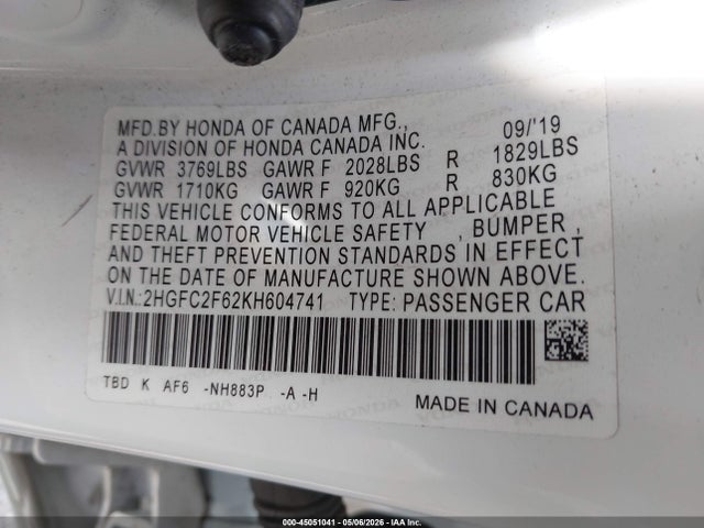 45051041 :رقم المزاد ، 2HGFC2F62KH604741 vin ، 2019 Honda Civic Lx مزاد بيع
