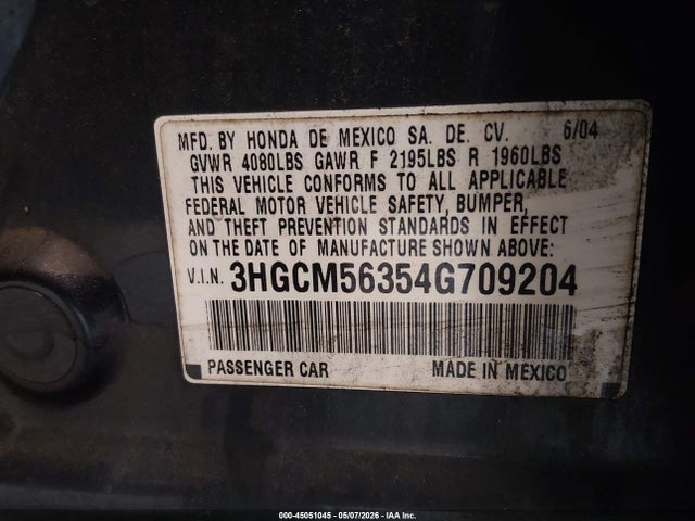 2004 Honda Accord 2.4 Lx მანქანა იყიდება აუქციონზე, vin: 3HGCM56354G709204, აუქციონის ნომერი: 45051045