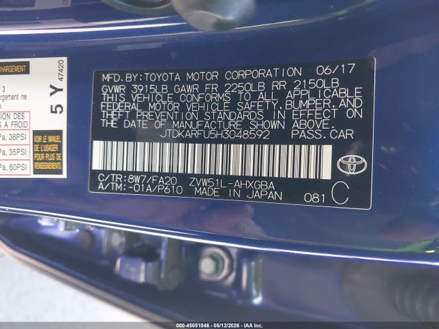 JTDKARFU5H3048592 Toyota Prius Three