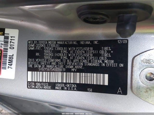 Продаж на аукціоні авто 2010 Toyota Sequoia Sr5 5.7l V8, vin: 5TDZY5G15AS026619, номер лоту: 45051055