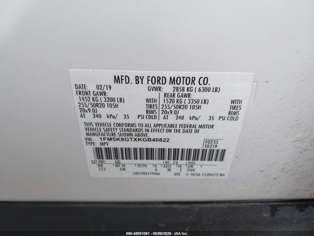 Aukcja sprzedaży 2019 Ford Explorer Sport, vin: 1FM5K8GTXKGB40822, numer aukcji: 45051061