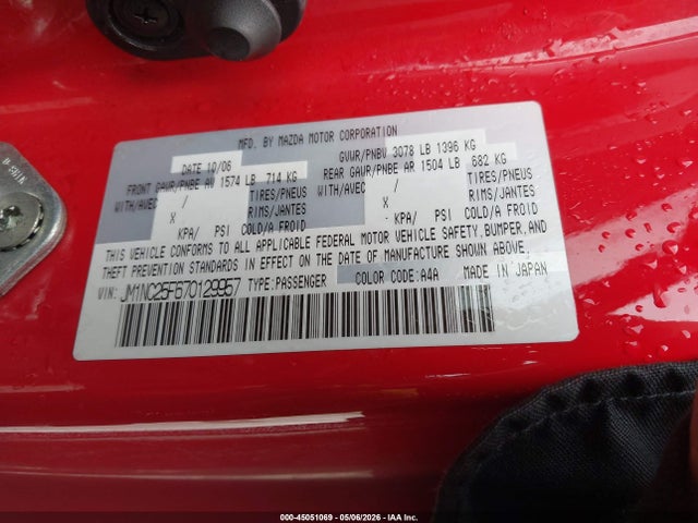 2007 Mazda Mx-5 Touring მანქანა იყიდება აუქციონზე, vin: JM1NC25F670129957, აუქციონის ნომერი: 45051069