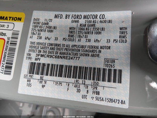 45051089 :رقم المزاد ، 3FMCR9C68NRE24777 vin ، 2022 Ford Bronco Sport Outer Banks مزاد بيع