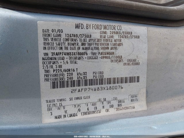 2003 Ford Crown Victoria Lx მანქანა იყიდება აუქციონზე, vin: 2FAFP74W83X180076, აუქციონის ნომერი: 45051093