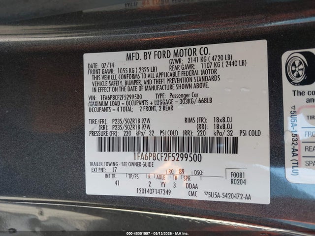 Продажа на аукционе авто 2015 Ford Mustang Gt Premium, vin: 1FA6P8CF2F5299500, номер лота: 45051097