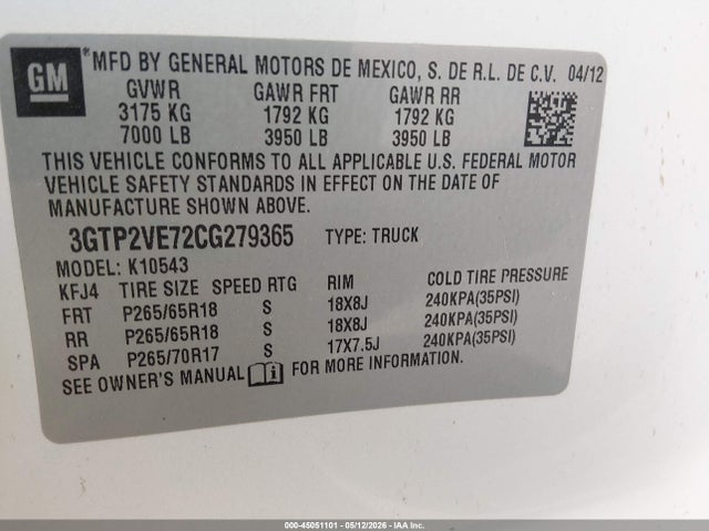 Aukcja sprzedaży 2012 Gmc Sierra 1500 Sle, vin: 3GTP2VE72CG279365, numer aukcji: 45051101