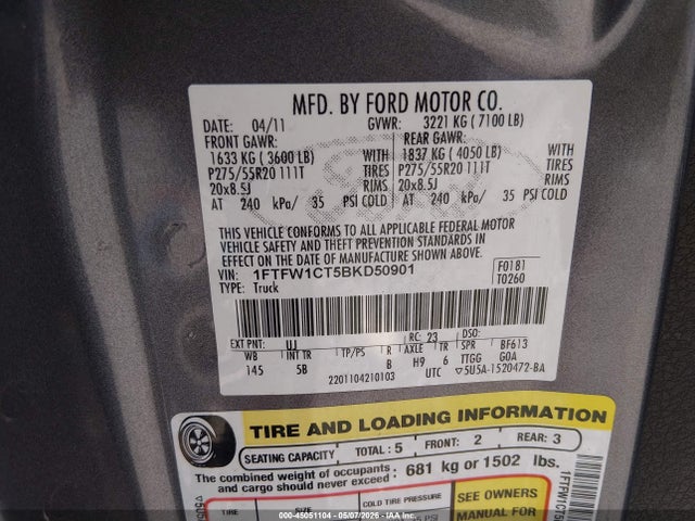 45051104 :رقم المزاد ، 1FTFW1CT5BKD50901 vin ، 2011 Ford F-150 Fx2 مزاد بيع