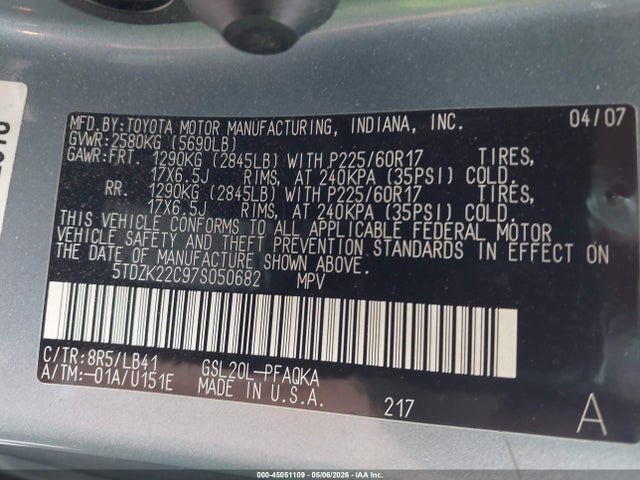 45051109 :رقم المزاد ، 5TDZK22C97S050682 vin ، 2007 Toyota Sienna Xle Limited مزاد بيع