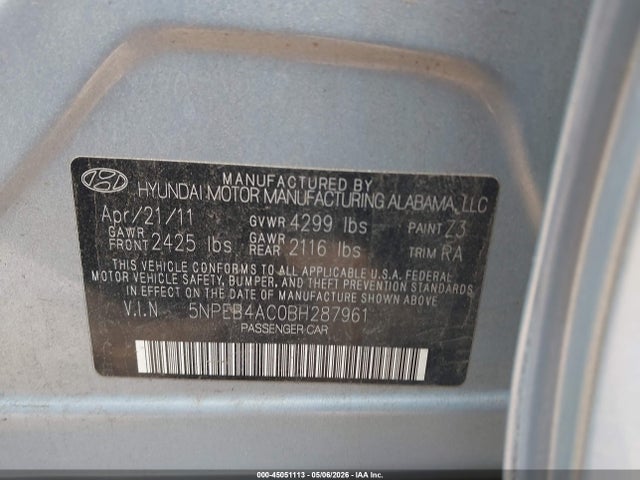 Aukcja sprzedaży 2011 Hyundai Sonata Gls, vin: 5NPEB4AC0BH287961, numer aukcji: 45051113