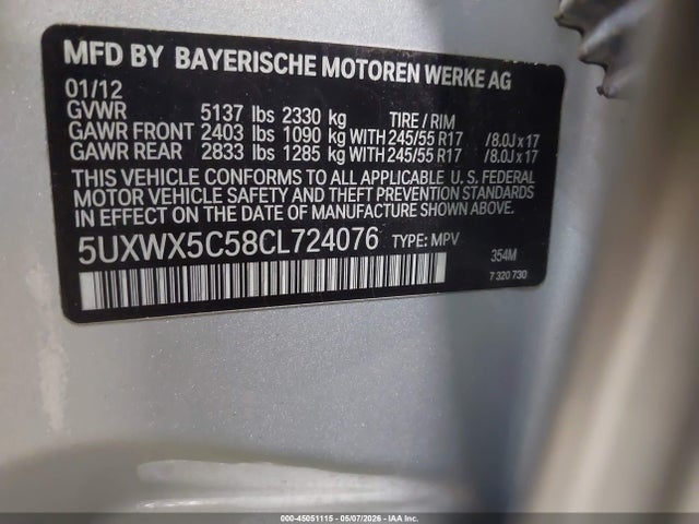 Aukcja sprzedaży 2012 Bmw X3 Xdrive28i, vin: 5UXWX5C58CL724076, numer aukcji: 45051115