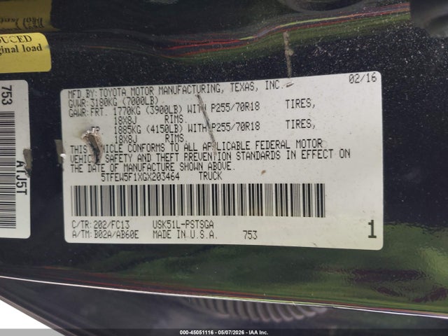 Aukcja sprzedaży 2016 Toyota Tundra Sr5 5.7l V8, vin: 5TFEW5F1XGX203464, numer aukcji: 45051116