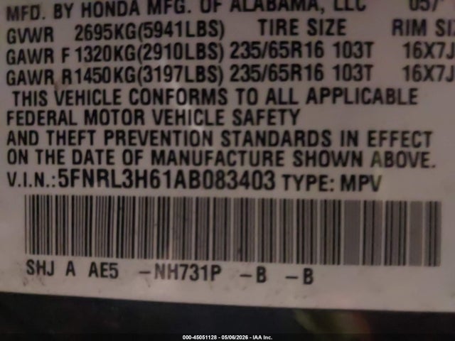 Aukcja sprzedaży 2010 Honda Odyssey Ex-l, vin: 5FNRL3H61AB083403, numer aukcji: 45051128