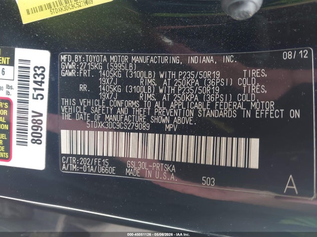 45051126 :رقم المزاد ، 5TDXK3DC9CS279089 vin ، 2012 Toyota Sienna Se 8 Passenger مزاد بيع