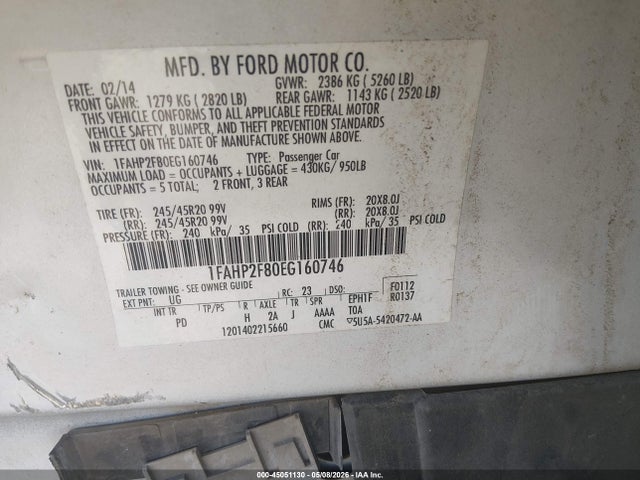 Aukcja sprzedaży 2014 Ford Taurus Limited, vin: 1FAHP2F80EG160746, numer aukcji: 45051130