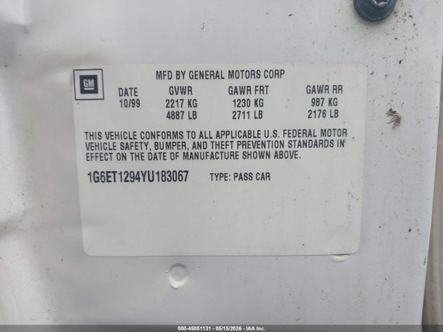 Продажа на аукционе авто 2000 Cadillac Eldorado Etc, vin: 1G6ET1294YU183067, номер лота: 45051131