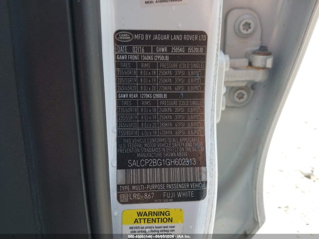 45051140 :رقم المزاد ، SALCP2BG1GH602313 vin ، 2016 Land Rover Discovery Sport Se مزاد بيع